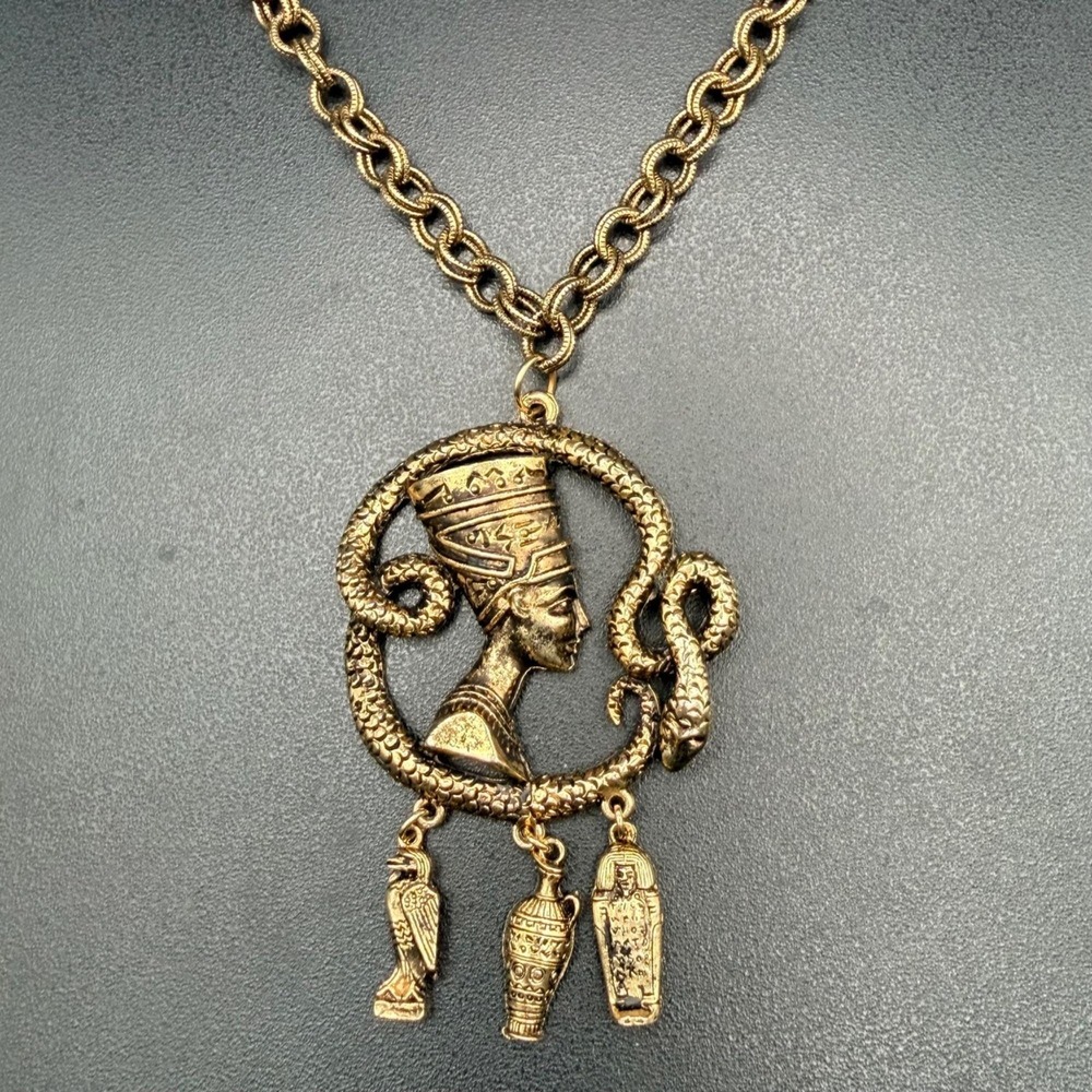 Vintage Gold Tone Egyptian Revival Nefertiti Pendant Necklace Antiqued Finish